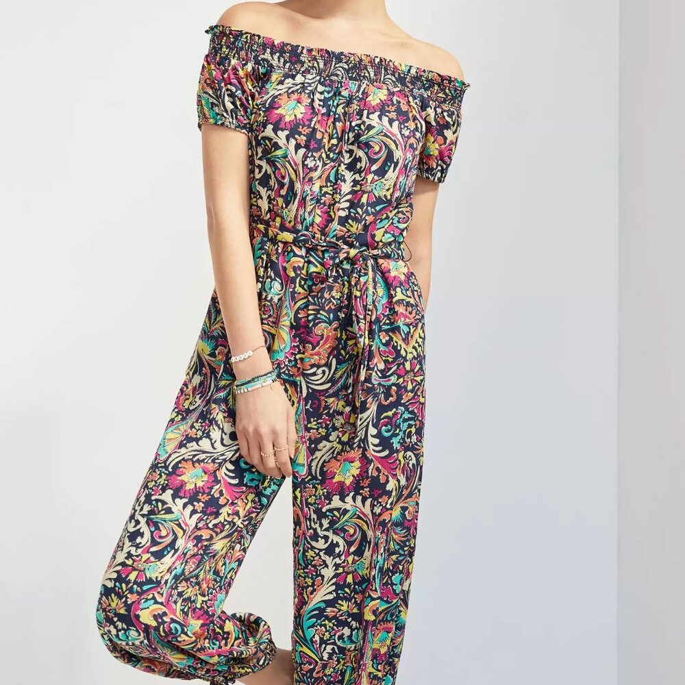Anthropologie Off-The-Shoulder Jumpsuit – Bright, Colorful Design – Size XS